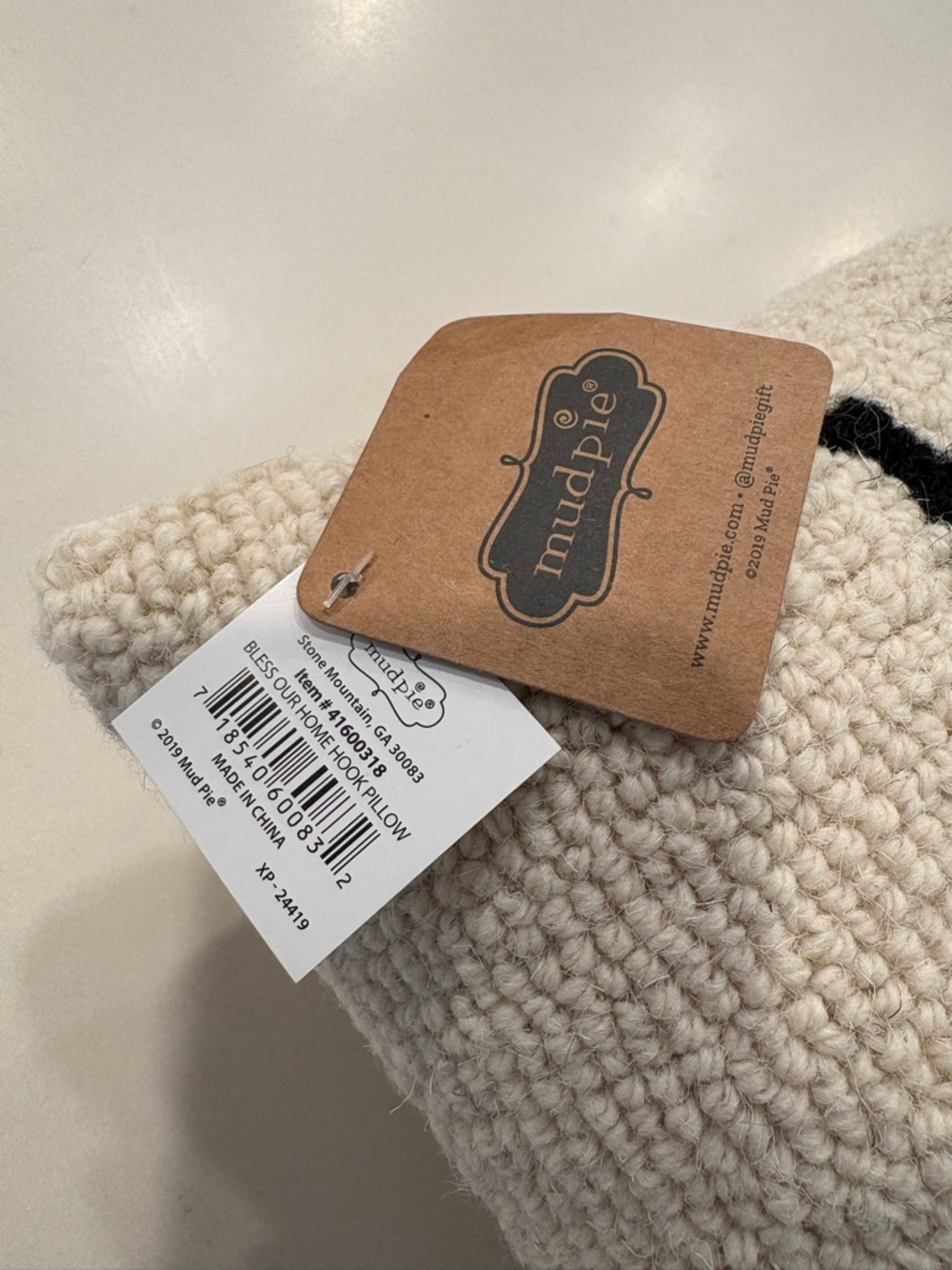 Mud Pie Bless Our Home Cream and Black Wool Hook Accent Throw Pillow 18x8 NWT - Picture 2 of 7